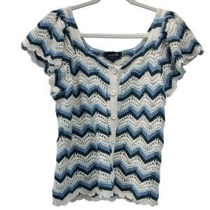 Broadway 38 Knit Button Front Top Women’s Size L Blue White Chevron Short Sleeve